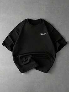 Camiseta de hombre con estilo callejero popular con gráfico bordado "Freedom", adecuada para festivales de música al aire libre, salidas casuales, regalos para novio/esposo, regalos de aniversario, camiseta negra de cuello redondo para hombres, camiseta de hombre con estampado grande, camiseta holgada de hombre - Negro - Ver 2