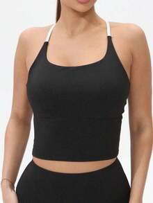 Women's Athletic T-Shirt With Fixed Padding, Color Contrast, Elastic, Summer Yoga Top - 星星耀黑 - 查看 3