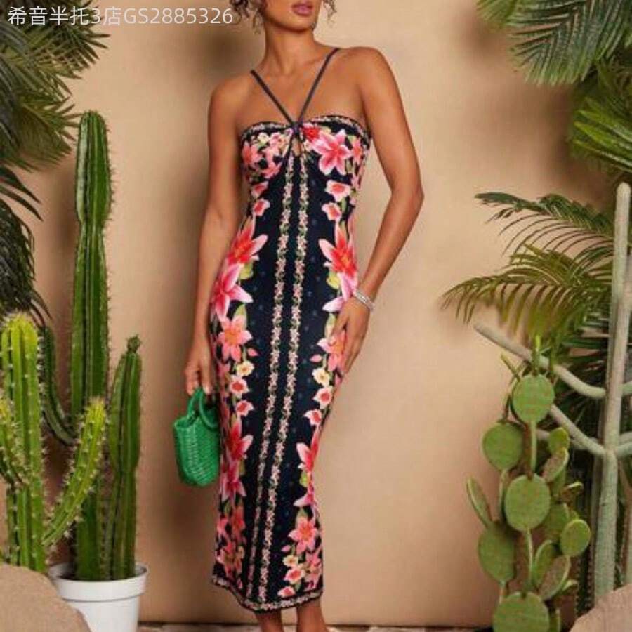 Yunuo Menswear Vestido ajustado sin espalda con estampado tropical casual de vacaciones, conjunto de verano para mujer, atuendo de playa para mujer, vestimenta occidental para mujer, atuendo de concierto para mujer, bohemio, vacaciones tropicales, vestidos bohemios para mujer, vestidos tropicales para mujer, vestidos para mujer, nuevos llegados de vestidos de vacaciones para mujer, atuendos de vacaciones para mujer - Multicolor - Ver 1