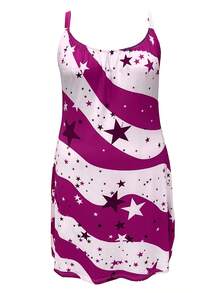 Plus Size Women Independence Day Flag Print Sleeveless Dress, Summer Elegant Party - Purple - View 3