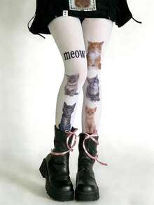 1 Pair Cat Pattern White Transparent Stockings, Snag-Resistant Pantyhose - White - View 5