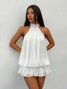 PETITE Vestido mini elegante de mujer de color amarillo claro con cuello halter y lazo, adecuado para fiestas, citas, otoño/invierno, primavera/verano - Blanco - Ver 4