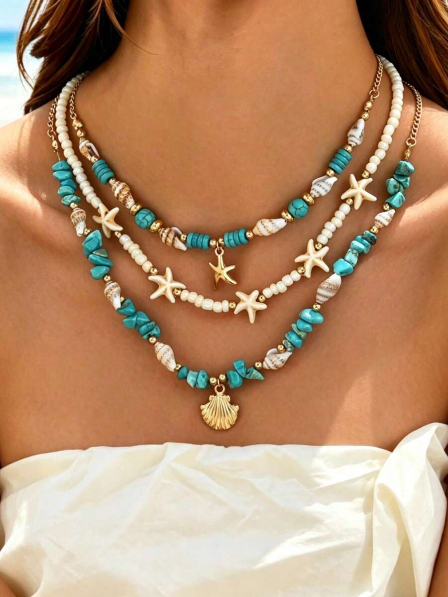 Set de 3 collares con cuentas y conchas de mar turquesa, colgante de estrella de mar con diseño de capas, adecuado para uso diario y vacaciones en la playa de las mujeres - Multicolor - Ver 1