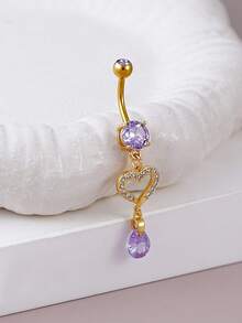 BR211 Creative Women's Heart-Shaped Zirconia Long Navel Ring Sexy Women's Piercing Body Jewelry - Yellow Gold - View 4