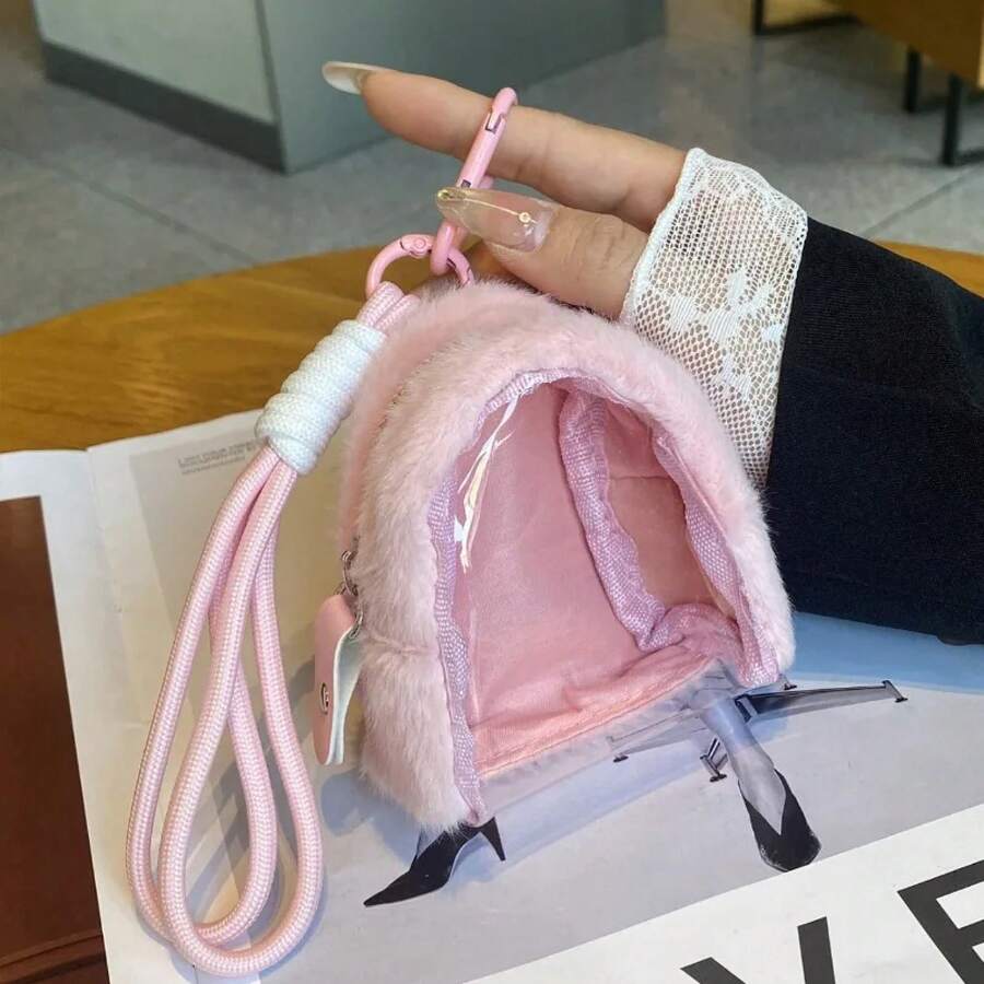 New Mini Kawaii Clear Ita Bag Transparent Plush Pouch For Badge Display High Clarity Earphone Storage Bag For Bag Decoration - 粉色 - 查看 1