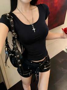 女款U領短袖T恤，夏季新款純色時尚百搭，美式辣妹修身短版上衣 - 黑色 - 查看 9