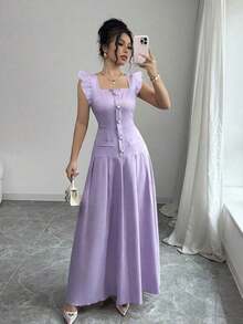 Vestido largo elegante estilo bohemio para vacaciones, con escote en V, mangas abullonadas, cintura ceñida, falda plisada de línea A, bolsillo con cremallera, cierre con botón de perla, adecuado para primavera/verano - Púrpura malva - Ver 6