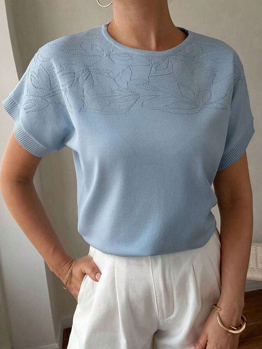 Blusa de punto con mangas de murciélago y adornos de strass para mujeres de mediana edad y mayores - Azul - Ver 1