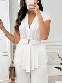 Blazer elegante de unicolor con cinturón para mujer, para el verano - Blanco - Ver 5