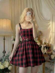 MOD Vestido mini a cuadros azul marino - Rojo - Ver 4