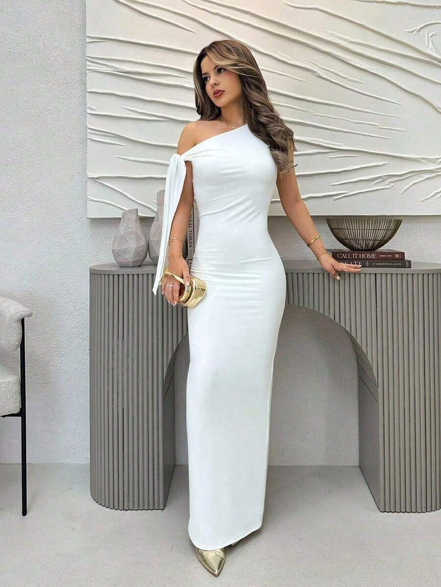 YkhahaYkhahaJemour Vestido de graduación elegante de mujer con hombro asimétrico, lazo y abertura con dobladillo dividido en unicolorYkhahaYkhaha - Blanco - Ver 1