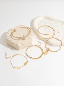 Set de 5 piezas de pulsera vintage con cruces de strass, accesorios de joyería multicapa con tono dorado para mujeres - Dorado - Ver 3