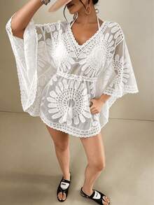 V-Neck Crochet Lace Cover Up, Sheer Mesh Fringe Tie Waist Beach Cover Up White Summer - White - View 2