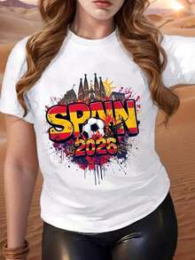 Camiseta de talla grande España 2026 con diseño de fútbol, balón de fútbol y patrón de monumentos españoles, colores vibrantes y efecto de salpicaduras, adecuada para eventos deportivos, reuniones de fans, uso casual y viajes, camiseta de mujer, camiseta de la Copa Mundial 2026, camiseta con estampado gráfico, tela de algodón puro de baja elasticidad, cómoda de llevar, camiseta de manga corta, camiseta casual para uso diario al aire libre, camiseta de equipo, la mejor opción para regalos de la Copa Mundial (tallas S-5XL). camisas de mujer ropa de mujer blusas bonitas - Blanco - Ver 1