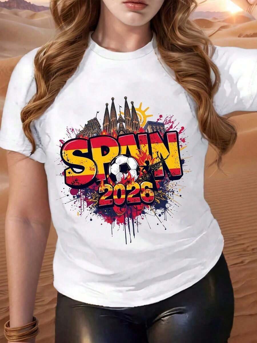 Camiseta de talla grande España 2026 con diseño de fútbol, balón de fútbol y patrón de monumentos españoles, colores vibrantes y efecto de salpicaduras, adecuada para eventos deportivos, reuniones de fans, uso casual y viajes, camiseta de mujer, camiseta de la Copa Mundial 2026, camiseta con estampado gráfico, tela de algodón puro de baja elasticidad, cómoda de llevar, camiseta de manga corta, camiseta casual para uso diario al aire libre, camiseta de equipo, la mejor opción para regalos de la Copa Mundial (tallas S-5XL). camisas de mujer ropa de mujer blusas bonitas - Blanco - Ver 1