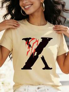Red Flame Design And Print X Digital Print Short Sleeve Unisex Pure Cotton Loose And Comfortable - 杏色 - 查看 1