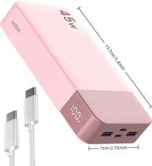 这款20000mAh 45W快充移动电源，支持PD3.0和QC 4.0快充，配备LED显示屏、2个USB-C接口和2个USB-A接口，可为手机快速充电。它还拥有LED电量显示，内置USB和Type-C接口，采用稳定的聚合物锂电池，适用于户外、购物、旅行等各种场合。这款移动电源也适用于苹果手机、平板电脑和安卓手机。它是馈赠亲友的理想之选，尤其适合生日、圣诞节、冬季、新年、阵亡将士纪念日、长周末和夏季等各种场合。 - 粉色 - 查看 2