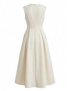 Solid Color Minimalist Hollow Out Slit V-Neck Sleeveless Waist-Cinching Midi Dress, Elegant Style - Beige - View 9