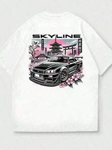 Camiseta Gráfica con Estampado de Auto JDM Skyline R34 para Hombre, 100% Algodón, Ropa Casual Urbana, Camiseta de Manga Corta de Algodón con Diseño de Auto Japonés JDM Skyline R34 - Blanco - Ver 2