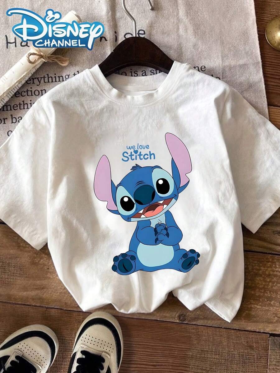 Disney "Lilo & Stitch" Printed Women's T-Shirt, Casual Round Neck Short Sleeve Shirt, Suitable For Casual Wear - trắng - Xem 1