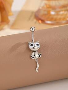 1pc Cute Big-Eyed Cartoon Cat Pendant Navel Ring, Stainless Steel Piercing Jewelry Suitable For Daily Wear And Summer Gift - Cat - View 4