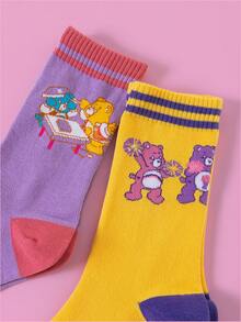 Noctvar OBM Sleepwear X Care Bears 2 pares de calcetines largos personalizados CARE BEARS para mujer con oso corazón, para todas las estaciones y vuelta al cole, oso gruñón divertido, oso alegre, oso de los deseos y oso alegre con corazón, aptos para uso diario, vacaciones, regalo de cumpleaños y otras ocasiones - Multicolor - Ver 3
