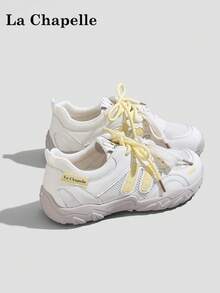 1 par de zapatillas casuales de suela gruesa con cordones para mujer La Chapelle, de punta redonda, tacón bajo plano, adecuadas para estudiantes, fotos de graduación, senderismo, zapatos de skate de suela blanda y de cuero de caña baja - Amarillo limón - Ver 4