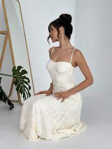 Vestido largo marfil de encaje con corpiño para mujer, ideal para invitada de boda, dama de honor o vacaciones - Beis - Ver 6