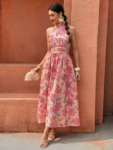 Flora Isola Flora Isola Vestido bohemio de mujer sin mangas con cuello de corbata, cintura recogida y estampado floral, adecuado para vacaciones, citas y viajes a la playa - Multicolor - Ver 7