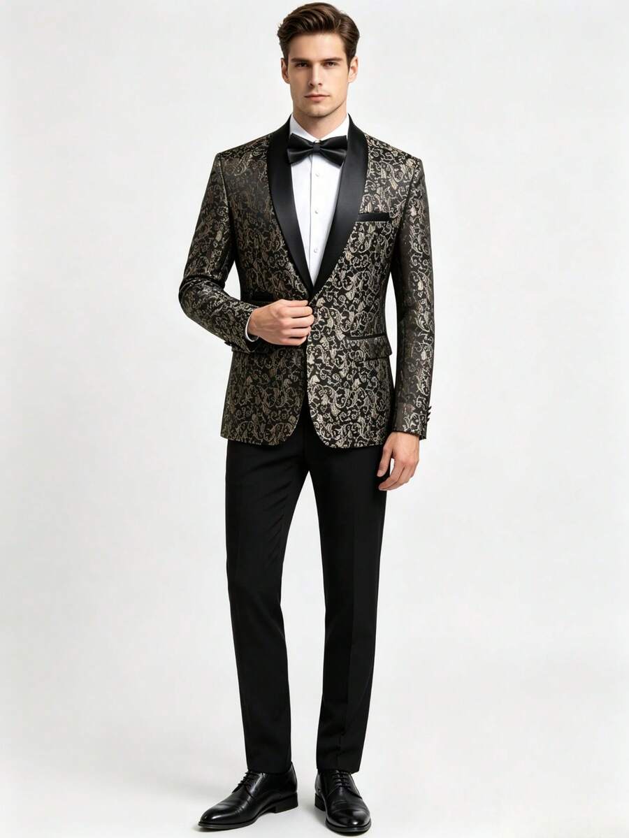 Conjunto de traje de boda, traje casual de jacquard para hombre de corte ajustado. - Caqui - Ver 1