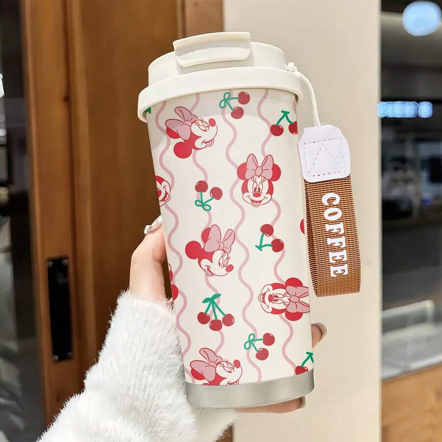 迪士尼米妮樱桃波浪线主题印花保温咖啡杯，带腕带，不锈钢材质，带盖，双饮设计，经久耐用 - 彩色 - 查看 1