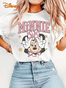 Disney License T Shirts, Disney Minnie Mouse "MINNIE" Letter Peace Sign Graphic T-Shirt, Women's Casual Crew Neck Short Sleeve Tee, Cute Minnie Winking With Pink Polka Dot Bow Print Cotton Top, Sweet Star Accent Casual Summer Everyday Shirt ,Camiseta, Summer Outfits For Women, Summer Clothes, Summer Tops, Tops For Women, Festival Outfits, Summer Tops For Women, Mother's Day, Mother's Day Clothing, Gifts For Family And Friends, Spring Outfits For Women, Officially Licensed Disney T-Shirts, Disney Men's And Women's Spring/Summer Fashion Casual Short-Sleeve T-Shirts - White - View 7