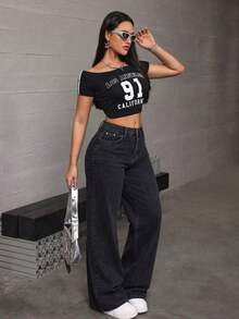 Pantalones de mezclilla anchos de cintura alta, gris negro, elásticos, con buena caída - Azul - Ver 11