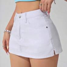guangzhougaolangshangmao  PETITE Pantalones cortos de mezclilla casuales y versátiles de unicolor con bolsillo para mujer - Amarillo claro - Ver 8