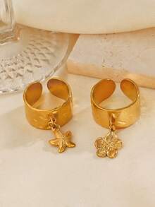 2pcs/Set Stainless Steel 18K Gold Plated Starfish & Flower Design Rings, Suitable For Daily Wear - Multicolor - View 2