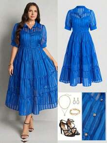 Comfylo Vestido camisero de manga abullonada con rayas y malla para mujer de talla grande - Azul - Ver 1