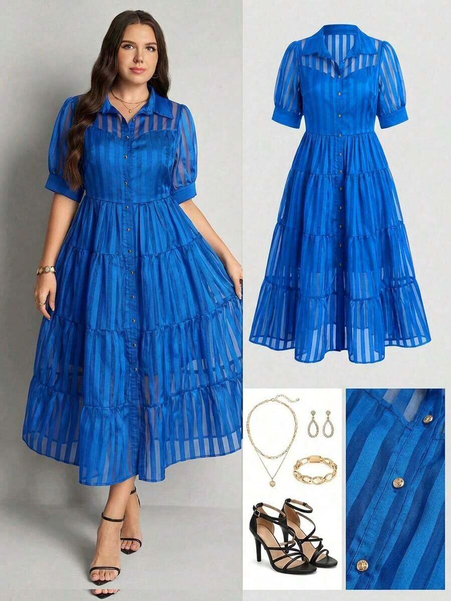 Comfylo Vestido camisero de manga abullonada con rayas y malla para mujer de talla grande - Azul - Ver 1