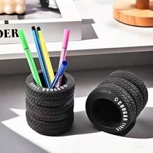 1pc Tire-Shaped Pen Holder - Durable Black PVC Desk Organizer With Letter Design, Creative Realistic Tire Shaped Pen Cup, Car Enthusiast Desktop Accessory, Quirky Personalized Desktop Storage Bucket For Stationery, Makeup Brushes, Office Supplies - Multicolor - View 9