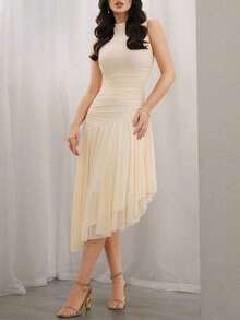 Vestido largo de noche de unicolor y estilo simple sin mangas para mujer - Albaricoque - Ver 2