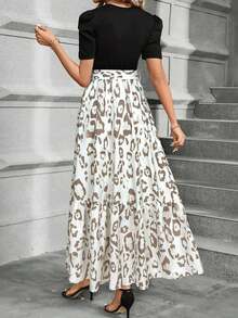 Vestido de línea A de Keke Bloomly para mujer, elegante manga abullonada con detalle de lazo en la cintura, cuello redondo, lavable a máquina, casual y semi-formal, tela ligera, estampado de leopardo, para primavera y vacaciones de verano - Caqui - Ver 3