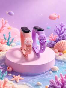 2pcs Kids' Favorite Ocean Series LED Electronic Bracelet, Skin-Tone Shell & Light Purple Jellyfish Pendant, Can Display Time, Date, Stopwatch, Suitable For Back To School, Birthday, Christmas Gifts - Multicolor - View 1