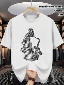 Camiseta con Estampado de Saxofonista para Mujer| Camiseta de Música Jazz Blanca - Suave y transpirable, ropa casual, lavable a máquina, mangas cortas, cuello redondo, adecuada para todas las estaciones, perfecta para músicos y miembros de bandas. - Blanco - Ver 1