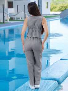 Bello Pantalones rectos informales con cordón de rayas rosa, estilo europeo y americano - Conjunto de 2 piezas para mujer - Azul marino - Ver 2