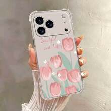 Fanahat-Funda para teléfono: Carcasa protectora de cuerpo completo con patrón de flores de tulipán rosa, a prueba de golpes y con las cuatro esquinas reforzadas, para todos los modelos de  14, 15, 16, 17 Pro Max, Plus, Mini - transparente - Ver 2