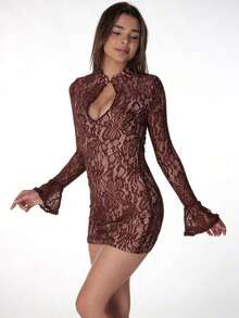 Spring Party Dress: Fitted Mini, Flared Sleeves And Hollow Lace Details – Elegant Look - 棕色 - 查看 7