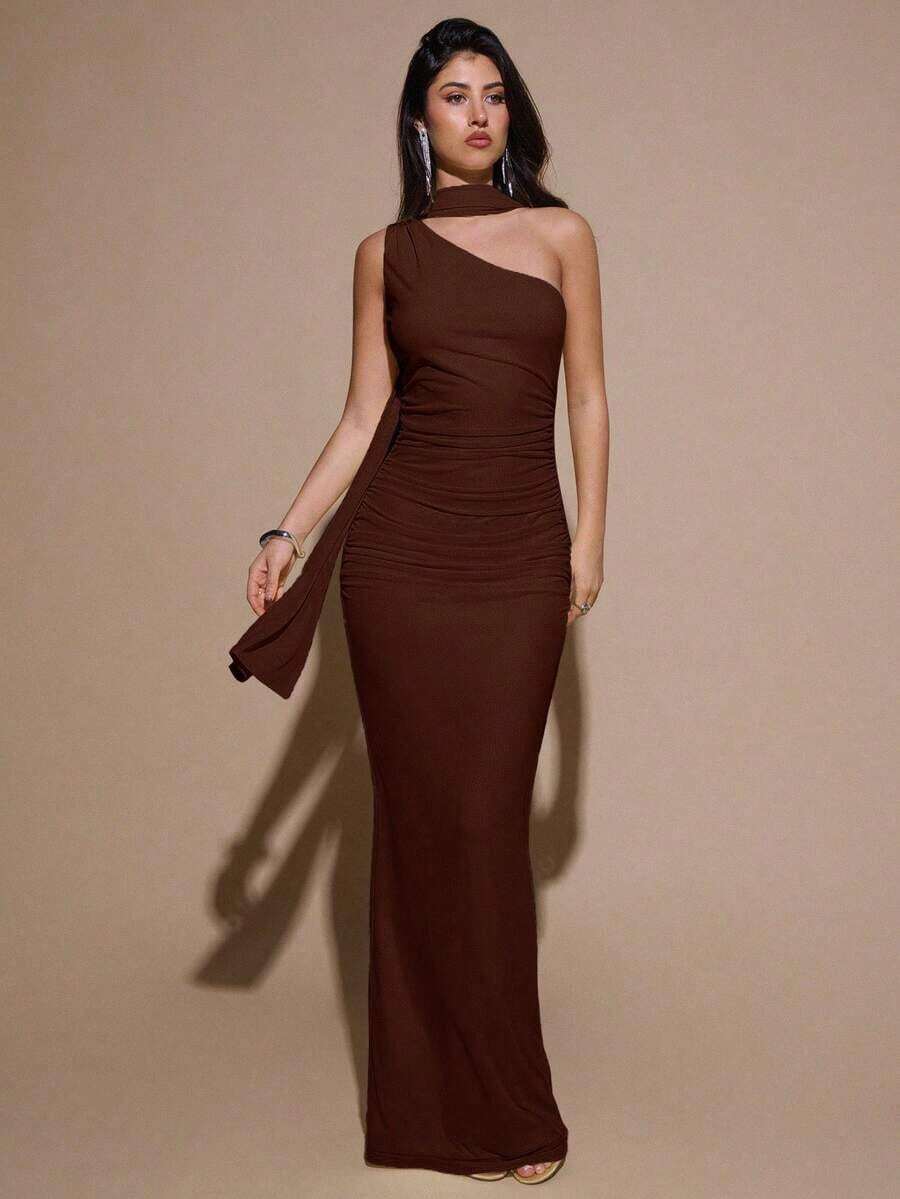 Vestido de malla ajustado con drapeado asimétrico, elegante y sexy vestido de gala para fiesta, boda, cumpleaños, Navidad, Halloween - Amarillo claro - Café integral - Ver 1