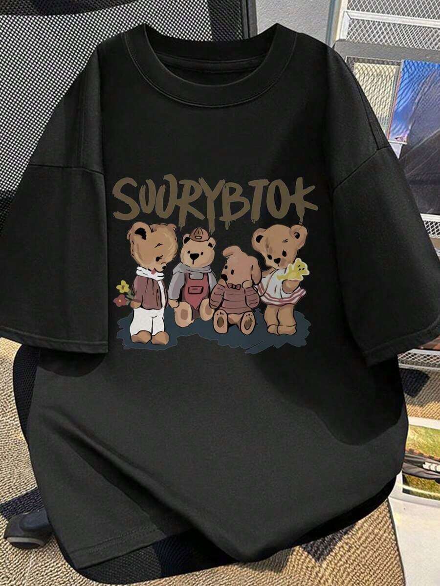 Camiseta de manga corta para hombre 100% algodón con estampado gráfico de oso de peluche - Camiseta casual de verano con cuello redondo, lavable a máquina y transpirable para atuendos informales, camiseta con diseño de oso de peluche, diseño divertido, tela suave. - Negro - Ver 1