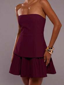 Vestido mini elegante de unicolor con dobladillo plisado para mujer, verano - Burdeos - Ver 5