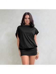 Vestido corto bohemio chic sin espalda para mujer, elegante minivestido de corte A con escote en V y mangas de media borla. - Negro - Ver 3