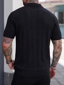 男士罗纹 Polo 领针织毛衣，复古夏季休闲宽松薄款短袖套头衫 - 黑色 - 查看 6